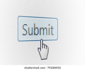 Close Up Hand Cursor and Internet Site Submit Button on Computer LCD Screen Pixel Background  - Vector Macro Image Digital Concept

