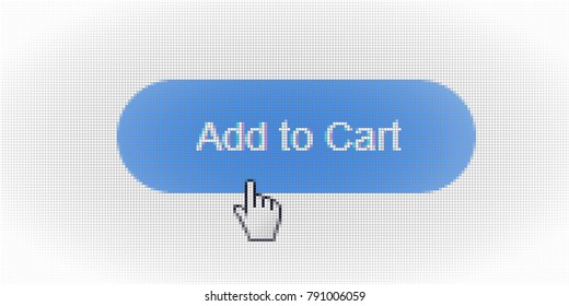 Close Up Hand Cursor and Site Add to Cart Form Button Online Shopping on Computer LCD Screen Pixel Background  - Vector Macro Image Digital Concept
