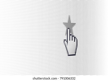 Close Up Hand Cursor and Site Rating Star on Computer LCD Screen Pixel Background  - Vector Macro Image Digital Concept
