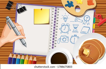 Close up hand drawing on notebook with pancake and coffee on desk background illustration