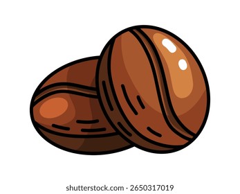 Close up hand drawn doodle illustration featuring two richly colored roasted coffee beans. Simple yet effective digital artwork perfect for coffee shop branding, beverage packaging, food blogs, and pr