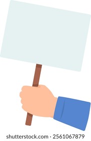 Close up of a hand firmly gripping a wooden stick attached to a blank rectangular sign, creating a powerful image of protest or demonstration, ready for a personalized message