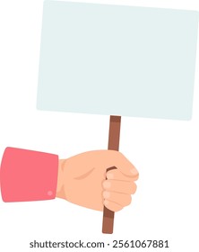 Close up of a hand gripping a wooden handle of a blank white protest sign, offering generous copy space for conveying messages or designs related to activism and social justice