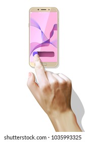 Close up hand hold phone isolated on white, mock-up smartphone.Realistic style. Vector.