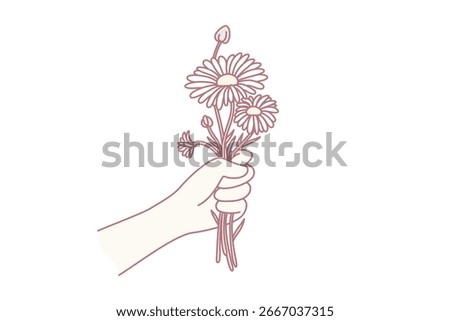 Close up of hand holding daisies congratulate with birthday or anniversary. Person with flowers bouquet enjoy summer plant. Flat vector illustration, cartoon style.