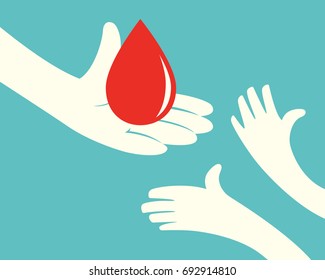 Close up of hand holding a drop of blood and hands of children on green background