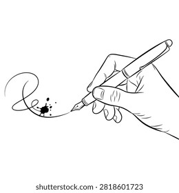 Close up of hand holding fountain pen, writing with ink splatters. Symbolizes creativity, art, literature, or important document signing. Elegant writing.