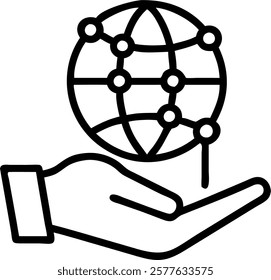 Close up of a hand holding a glowing digital globe concept as A macro photograph of a hand gently holding a small glowing digital globe made up of interconnected lines and nodes. T