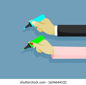 Close up of hand holding a hi light marker. 