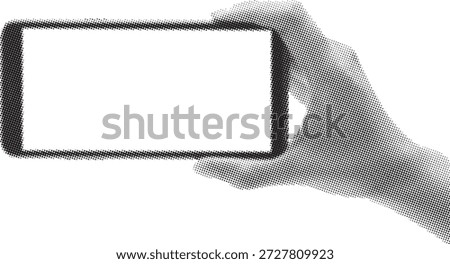 Close up of a hand holding a modern smartphone horizontally displaying a blank white screen for copying content
