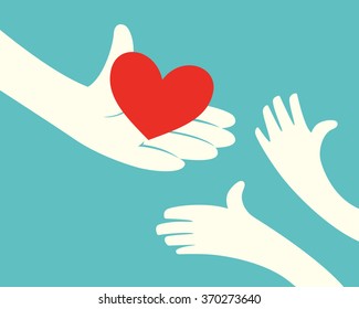 Close Up Of Hand Holding Red Heart And Hands Of Children On Green Background