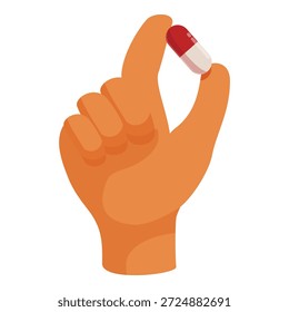 Close up of hand holding a red and white pill between thumb and index finger, symbolizing medication, healthcare, and treatment