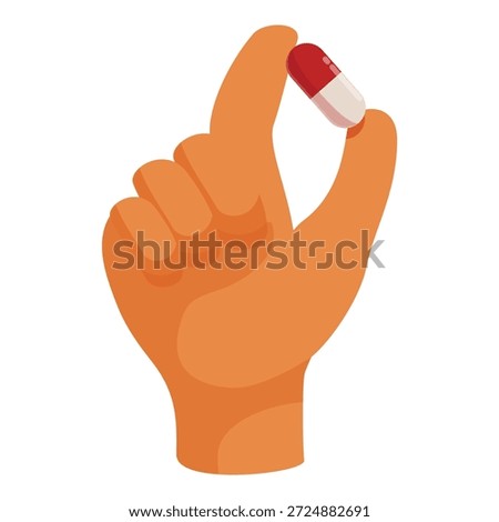 Close up of hand holding a red and white pill between thumb and index finger, symbolizing medication, healthcare, and treatment