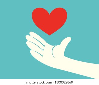 Close up of hand with a red heart on green background vetor illustration