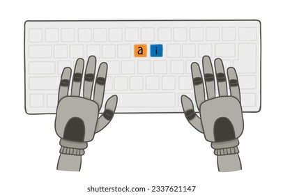 close up hand of robot with keyboard and ai text top angle view. Artificial intelligence concept
