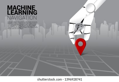 close up hand of robot place location pin marker on road map. concept of a.i. learning machine and navigation system.