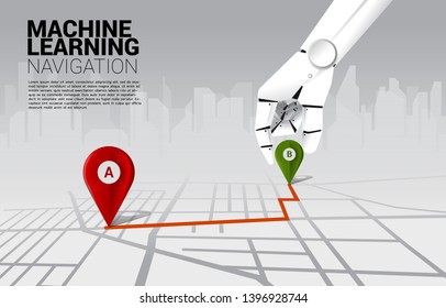 close up hand of robot place location pin marker on direction route on road map. concept of a.i. learning machine and navigation system.
