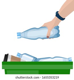 Close up hand throwing empty plastic bottle into the bin. Vector illustration. Isolated on a white background.