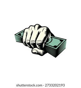 Primer plano de una mano apretando firmemente una pila gruesa de billetes en efectivo que representan la riqueza y el éxito financiero