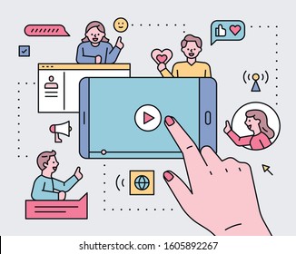 Close up of hand touching screen of mobile phone. Information spreading over the network. flat design style minimal vector illustration.