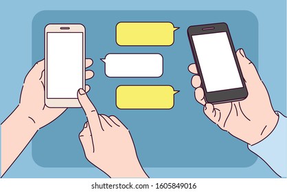 Close up of hand using smartphone. hand drawn style vector design illustrations. 