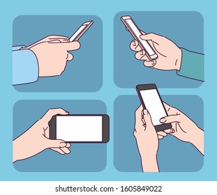 Close up of hand using smartphone. hand drawn style vector design illustrations. 