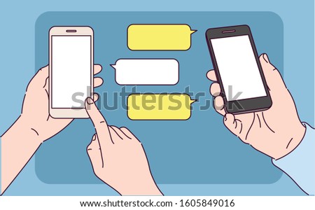Close up of hand using smartphone. hand drawn style vector design illustrations. 