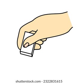 close up hand using white rubber eraser - vector illustration cartoon hand drawn with black lines, isolated on white background.