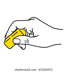 close up hand using yellow rubber eraser - vector illustration sketch hand drawn with black lines, isolated on white background