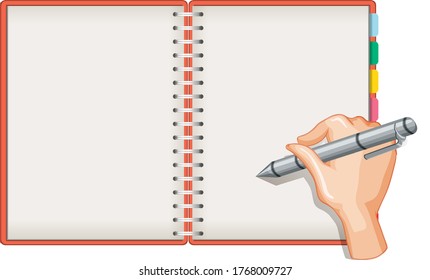 Close up hand writing on blank notebook isolated on white background illustration