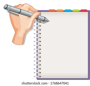 Close up hand writing on blank notebook isolated on white background illustration