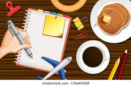 Close up hand writing on notebook with plane model and coffee cup on desk background illustration