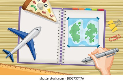 Close up hand writing plan for travel on notebook with plane model on desk background illustration