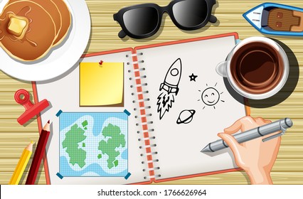 Nahaufnahme von Hand, die ein Raumschiff auf einem Notebook mit Pfannkuchen und Kaffeetasse auf Schreibtischhintergrund, Vektorgrafik