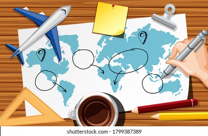 Close up hand writing travel plan on paper with plane model and coffee cup on desk background illustration