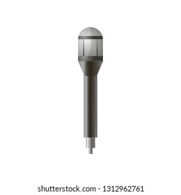 Close up of handheld microphone in a realistic style with gray chrome head and handle isolated on white background