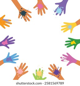 Close up of hands covered in vibrant Holi colors, symbolizing the joyous spirit and playful energy of the festival. For banner, cards, backgrounds, copy space