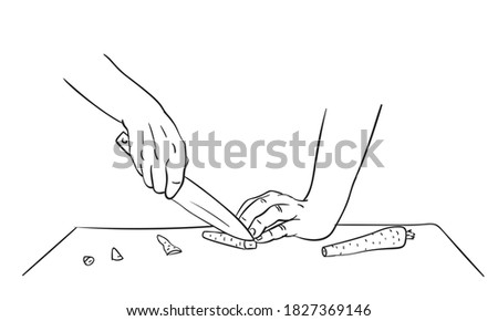 Close up hands cutting carrot with knife on chopping board, Vector drawing, Hand drawn illustration black ink sketch on white background. Cooking food basic knife skills