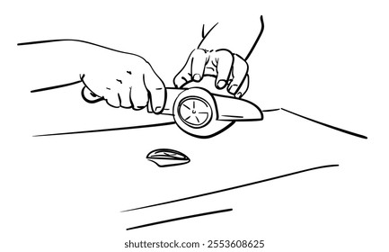 Close up hands cutting citrus with knife on chopping board, Hand drawn illustration black line sketch on white background. Cooking food basic knife skills