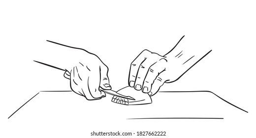 Close up hands cutting onion with knife on chopping board, Vector drawing, Hand drawn illustration black ink sketch on white background. Prep food basic knife skills