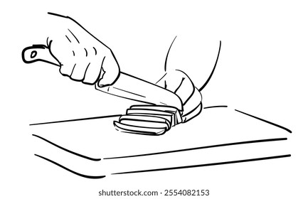 Close up hands cutting vegetable with knife on chopping board, Hand drawn illustration black line sketch on white background. Cooking food basic knife skills