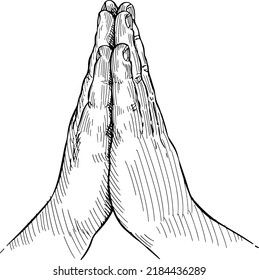 Close up of hands folded in prayer, lateral view. Hand language. Black and white vector illustration on white background