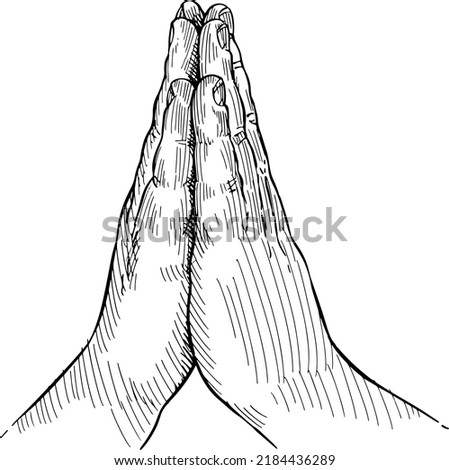Close up of hands folded in prayer, lateral view. Hand language. Black and white vector illustration on white background