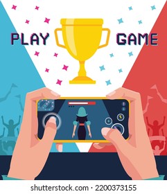 close up hands hold mobile phone with playing games in esports competitions on blue and red side background vecotr illustration