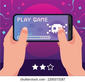 close up hands hold mobile phone with playing games on purple and pink background vector illustration