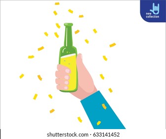 Close up hands holding the beer bottles.
Cheers. celebration. party concept.
Vector flat cartoon design illustration.
Isolated on white background.