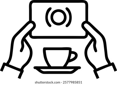 Close Up of Hands Holding Coffee Cup with Laptop in Background concept as A close up of hands holding a coffee cup with a laptop open in the background in a trendy Cafe. The image