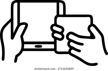 Nahaufnahme von Händen, die digitale Geräte zusammenhalten Konzept als ein Makroaufnahme von zwei Händen, die digitale Geräte (ein Telefon und ein Tablet) nebeneinander halten. Der Fokus liegt auf der Verbindung zwischen den Geräten und der gemeinsamen Interaktion, die moderne persönliche Verbindung und digitale Kommunikation symbolisiert. in Foto Stock Concept , Kopienraum für Werbung oder Banner mit Foto Realistic als hochwertiges Detail —ar 7:2