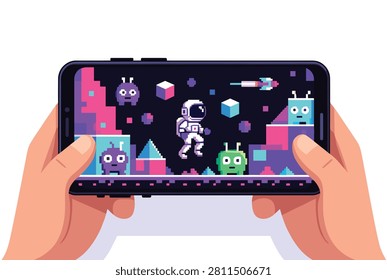 Close up of hands holding a modern smartphone and playing a colorful retro style pixel art space adventure game featuring a small astronaut.