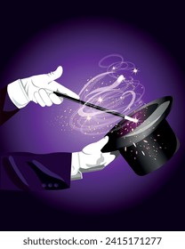 Close up hands of a magician in white gloves holding a hat  top hat and magic wand  Multi colored magic sparks jump out from the top hat and magic wand  Magic happens Vector